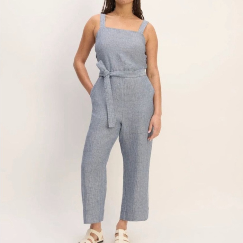 Everlane Blue-Gray Striped Linen Overalls